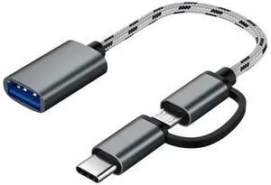 For 2 in 1 USB OTG Cable Type-C/Micro-USB to USB 3.0 Adapter Braided Designed Data Transfer Cable for Andriod Phone(Grey)