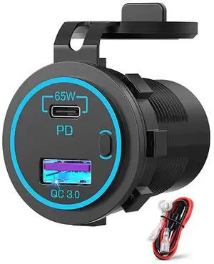 For 65W PD 12V USB Outlet for Laptop USB C Car Charger Socket Multi Port Outlet Waterproof Adapter for Car Boat Truck