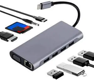 FOR USB C Hub Adapter With 4K HD,VGA,USB 3.0,100Mbps RJ45 Ethernet,87W PD For Mini, Pro, Pro
