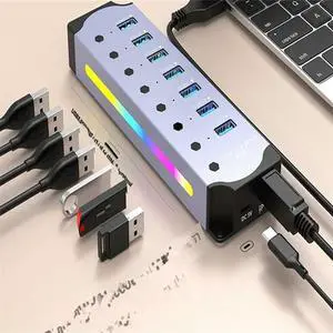 FOR USB 3.0 Hub, 7-Port RGB Hub With LED Strip,Dynamic Modes,Switches, Aluminum Case Hub For PC,Laptops EU Plug