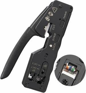 Yankok [The Ultimate Pass Thru Crimper] Crimps RJ45 Pass Through RJ12 RJ11 Regular Network Connector and Strip Cut CAT5/5e CAT6/6a CAT7 Unshielded and Shielded Ethernet Cable Black Handle