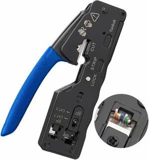 Yankok [The Ultimate Pass Thru Crimper] Crimps RJ45 Pass Through RJ12 RJ11 Regular Network Connector and Strip Cut CAT5/5e CAT6/6a CAT7 Unshielded and Shielded Ethernet Cable Blue Handle