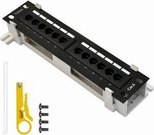 Yankok [CAT6 12 Port Patch Panel] Supports Back CAT5/5e with Bracket Rack / Wall Mount 10in.x1U Unshielded Color-Coded T568A/B Wiring (Come with Mini Punch Down Tool)