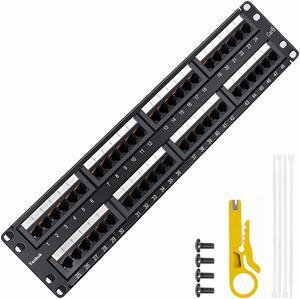 Yankok [CAT6 48 Port Patch Panel] Supports Back CAT5/5e Rack/Wall Mount 19in.x2U Unshielded Color-Coded T568A/B Wiring (Come with Mini Punch Down Tool)