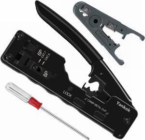 Yankok [CAT5 CAT6 CAT7 Modular Crimper] for Shielded and Unshielded RJ45 RJ12 RJ11 Network Connectors Ethernet Crimp Tool Black (Come with Screwdriver and Cable Stripper)