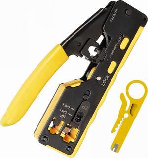 Yankok [CAT6a CAT7 Pass Through Crimper] for RJ45 Pass-Thru RJ12 RJ11 Regular and CAT5/5e CAT6 Unshielded Network Connectors Crimp and Cut (HT7088 Yellow. Come with Cable Stripper Cutter)