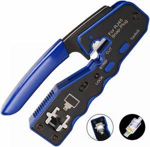 Yankok [RJ45 Pass Through Crimper] for CAT5 CAT5e CAT6 Network Connectors CAT6a CAT7 Shielded Modular Plugs 8P8C EZ Pass Thru Crimp Tool Blue (Built-in Pass-Thru Blade)