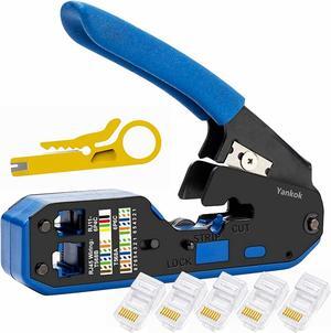 Yankok [RJ45 RJ12 RJ11 Modular Crimper] for CAT5/5e CAT6 Network Connectors CAT6a CAT7 Shielded Plugs Strip Cut Crimp Tool Blue Handle (Come with 5x Network Connectors)