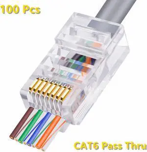 Yankok [RJ45 CAT6 Pass-Through Connectors 8P8C Gold Plated 3-Prong Pins for Cat6 Ethernet Cables Easy and Fast Termination Unshielded Pack of 100
