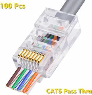 Yankok [RJ45 CAT5e Pass-Through Connectors] 8P8C Gold Plated 3-Prong Pins for Cat5 Cat5e Ethernet Cables Easy and Fast Termination Unshielded Pack of 100