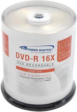 Vinpower Digital DVD-R 4.7GB 16x Branded Logo Recordable Media Disc - 100 Disc Cake Box Spindle FFP 132-815-BX