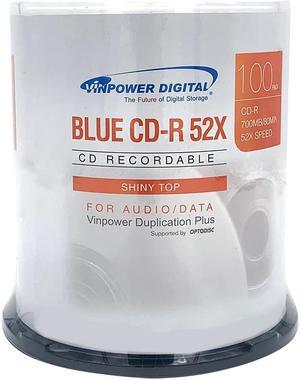 Vinpower Digital Blue AZO CD-R 700MB 52X Shiny Silver Top Recordable Media Disc - 100pk Cake Box 16M-115-BX (FFB), 100 Discs