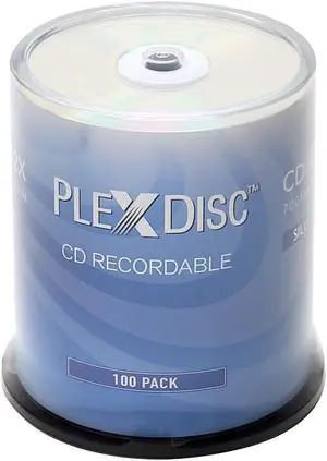 PlexDisc CD-R 700MB 52X Silver Inkjet Hub Printable Recordable Media - 100pk Cake Box (FFP) 631-315-BX, 100 Discs
