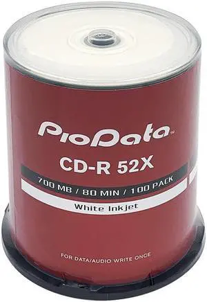 PioData CD-R 52X 700MB Moisture Resistant White Inkjet Printable - 100 Disc Cake Box Spindle