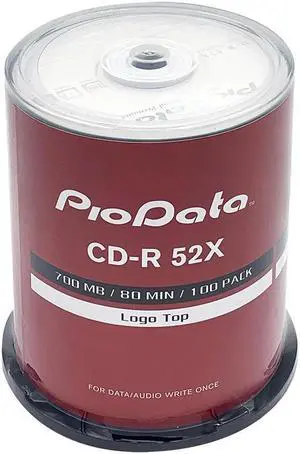 PioData CD-R 52X 700MB Logo Top Recordable Media - 100 Disc Cake Box Spindle