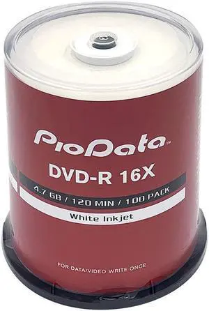 PioData DVD-R 4.7GB 16X Moisture Resistant White Inkjet Hub Printable - 100 Disc Cake Box Spindle