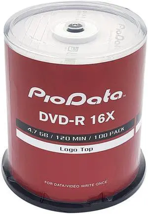 Piodata DVD-R 4.7GB 16X Logo Top Blank Media - 100 Disc Cake Box Spindle