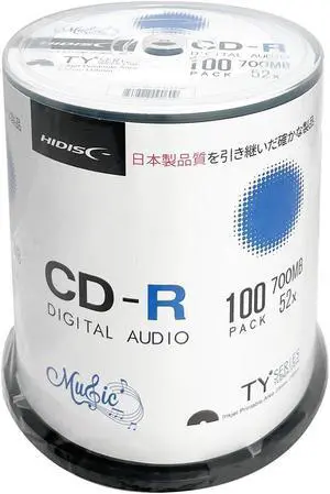 HIDISC TY Series Digital Audio Music CD-R 52X 700MB White Inkjet Printable - 100 Cake Box