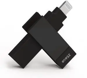 PioData Apple MFi Certified iXflash 256 GB Backup Photo Stick 2-in-1 USB Type A & Lightning, USB for iPhone, iPad, External Photo Storage for iPhone and Computer, Black