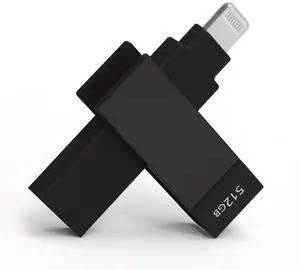 PioData Apple MFi Certified Black iXflash 512 GB Backup Photo Stick 2-in-1 USB Type A & Lightning, USB for iPhone, iPad, External Photo Storage for iPhone and Computer