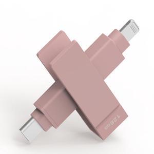 PioData Apple MFi Certified 128GB iXflash Backup Flash Drive 2-in-1 USB Type C & Lightning for iPhone, iPad, and Computer | Photo Storage and Transfer Morandi Pink