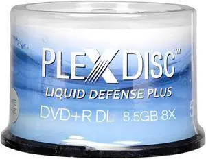 PlexDisc 8X 8.5GB DVD+R DL Water Resistant Glossy White Inkjet Printable 50 Disc Spindle 608-C04