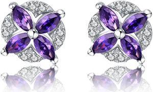 Sterling Silver Earrings Stud Purple Flower Zircon Diamond Earrings Stud for Women 18K White Gold Plated Flower Earrings Female Jewlery with Box