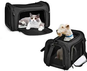 Most Airline Approved Cat Carriers Dog Carriers Soft-Sided Pet Travel Carrier for Puppies/Kittens/Rabbits, 5-Sided Breathable Mesh, Self-Locking Zippers, 17''X11''X11''