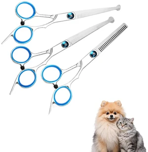 Pet Hair Cut Set Scissors for Dogs and Cats Straight & Thinning Scissors, Ergonomic Grip, Curved Safety Tip Pet Hair Cut Set Scissors for Dogs and Cats Straight & Thinning Scissors, Ergonomic Grip, Curved Safety Tip