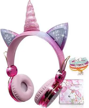 TCJJ Kids Headphones, Wireless headphones for kids Unicorn headphones for girls Bluetooth headphones w/Mic with Adjustable Headband, Over On Ear Headset for Smartphones/School/Kindle/Tablet/PC (Pink)