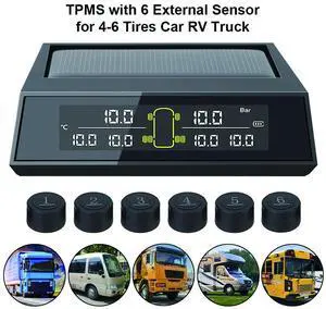 Wireless Car Solar Power TPMS Tire Pressure Monitoring System 6 External Sensors