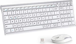 iClever GK03 Wireless Keyboard and Mouse Combo - 2.4G Portable Wireless Keyboard Mouse, Rechargeable Battery Ergonomic Design Full Size Slim Thin Stable Connection Adjustable DPI, Silver and White