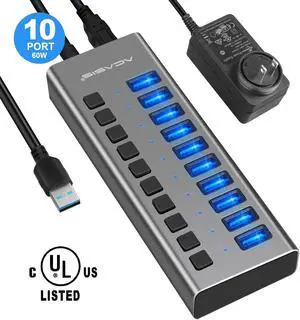 Powered USB Hub - ACASIS 10 Ports 48W USB 3.0 Data Hub - with Individual On/Off Switches and 12V/4A Power Adapter USB Hub 3.0 Splitter for Laptop PC Computer Mobile HDD Flash Drive and More