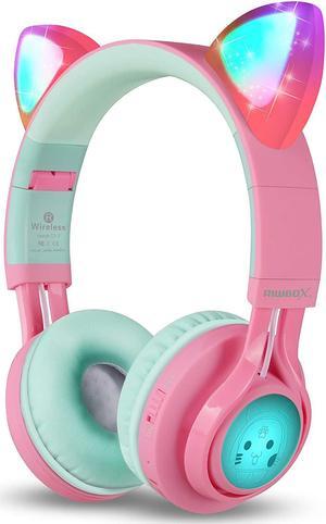 Riwbox CT-7 Cat Ear Bluetooth Headphones, LED Light Up Bluetooth Wireless Over Ear Headphones with Microphone and Volume Control for Travel/School/Smartphones/Laptop/PC/TV