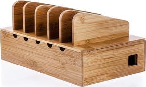 Natural Bamboo Charging Station Rack for Smartphones and Tablets | Simple All-in-one Organizer, with Removable Dividers, Perfect to Work from Home - Natural Bamboo