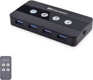 Cable Matters 4 Port USB 3.0 Switch Hub USB Sharing Switch for 4 Computers and USB Peripherals - Button or Wireless Remote Control Swapping - Includes USB-C Adapter for USB-C and Thunderbolt 3