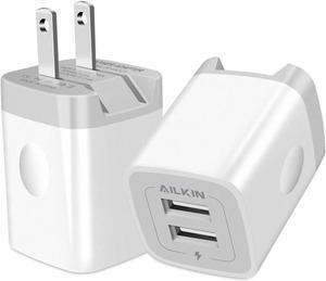USB Wall Charger, Foldable Charger Adapter, AILKIN 2Pack 2.4Amp Dual Port Quick Charger Plug Cube AC Travel Box for iPhone 15 14 Pro Max 13 12 11Pro Max/XS/XR/8/7 Plus, Samsung Galaxy S10/S9/S8 Edge