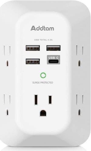 USB Wall Charger Surge Protector 5 Outlet Extender with 4 USB Charging Ports ( 1 USB C Outlet) 3 Sided 1800J Power Strip Multi Plug Outlets Wall Adapter Spaced for Home Travel Office ETL Listed