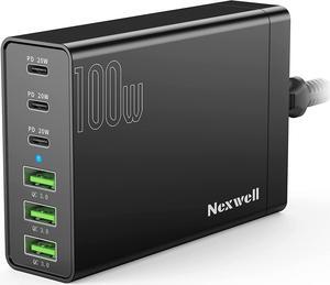 USB C Charger, Nexwell 100W GaN 6-Port Desktop USB Charging Station with 3 USB-C Ports +3 USB-A Ports, Portable PD Fast Charger for iPhone, iPad, Samsung Galaxy, 5ft Extension Cord