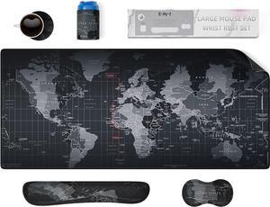 5 in 1 Keyboard Mouse Pad Set Mouse Pad Wrist Support Extended Gaming Mouse Pad + Keyboard Wrist Rest Support (34.5×15.7 in) Large Ergonomic Mousepad Desk Mat Combo -Black World Map