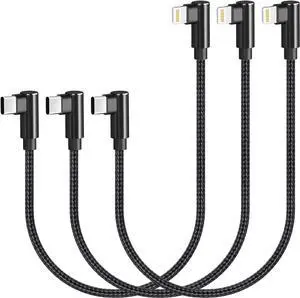 USB C to Lightning Cable 1ft 3 Pack MFi Certified Right Angle iPhone Charger 90 Degree Elbow Braided Lightning to USB C Cable for iPhone 13 12 11 Pro X XS XR 8 Plus 7 6 5 (Black)