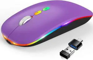 Wireless Bluetooth Mouse Slim Rechargeable LED Mouse 2.4G Portable USB Optical Mouse with Type C Adapter Purple Wireless Bluetooth Mouse Slim Rechargeable LED Mouse 2.4G Portable USB Optical Mouse with Type C Adapter Purple