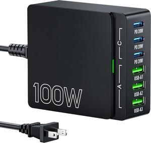 USB C Charger Block Charging Station: 100W 6 Port GaN Fast Charging Brick Hub - PD 3.0 Type C & USB A Charging Cube Box - Wall Charger Power Adapter for iPhone 16 Pro Max iPad  Android Pixel
