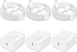 i Phone Charger Fast Charging-20W USB-C Block with 6 Ft Cord [MFi Certified] Compatible with i Phone 14/13/12/11/X Series i Pad & More [3 Pack]