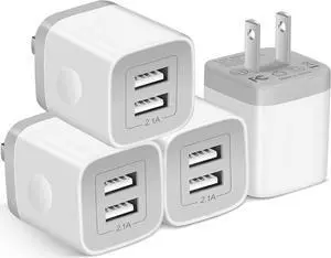 USB Wall Charger 4-Pack 2.1A Dual Port USB Cube Power Adapter Charger Plug Charging Blocks Brick for iPhone 16e/16/15/14/13/12/11/XS/X/8/7/6 Plus Watch Series/Ultra Galaxy Moto Android
