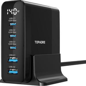 140W USB C Charging Station with Display 5-Port GaN USB C Charger Block Max 100W USB Hub Laptop Charger Compatible with MacBook Pro/Air iPhone 15/14/13/Mini/Pro/Pro Max/ Galaxy Black