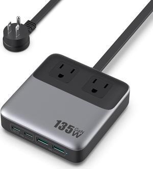 USB C Charger Block 135W GaN IV Fast Charging Station Hub 6-in-1 USB C Power Strip with Flat Plug and 5ft Cord 2 AC 2 USB A 2 USB C PD 65W Laptop Charger for MacBook Air/Pro iPhone16/15 Galaxy S24 etc