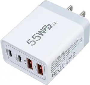 55W USB-C Fast Charger Compact Power Adapter with Dual USB-C & Dual USB-A Ports Compatible with iPhone Tablets and Other USB-Powered Gadgets