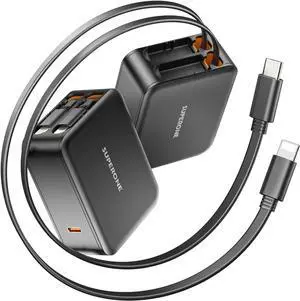 62W Retractable Wall Charger with Dual Cables 3-Port USB Charger Block 35W iPhone Chargers Fast Charging for iPhone 16/15/14/13/12/11 Series Pad Tablet LG  and More