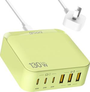 USB C Charger Block 6 Ports Fast Wall Charger 130W GaN III Charging Station with PD 45W Dual PD 20W 3 USB-A 3 USB-C QC PPS 6ft Cord Compatible with iPhone Galaxy Pixel MacBook air Green